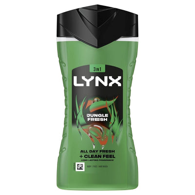 Lynx Jungle Fresh Shower Gel, 225ml—invigorate body, hair, and face with its exotic botanicals. Features a green bottle, black cap, and logoed front label for a refreshing experience.