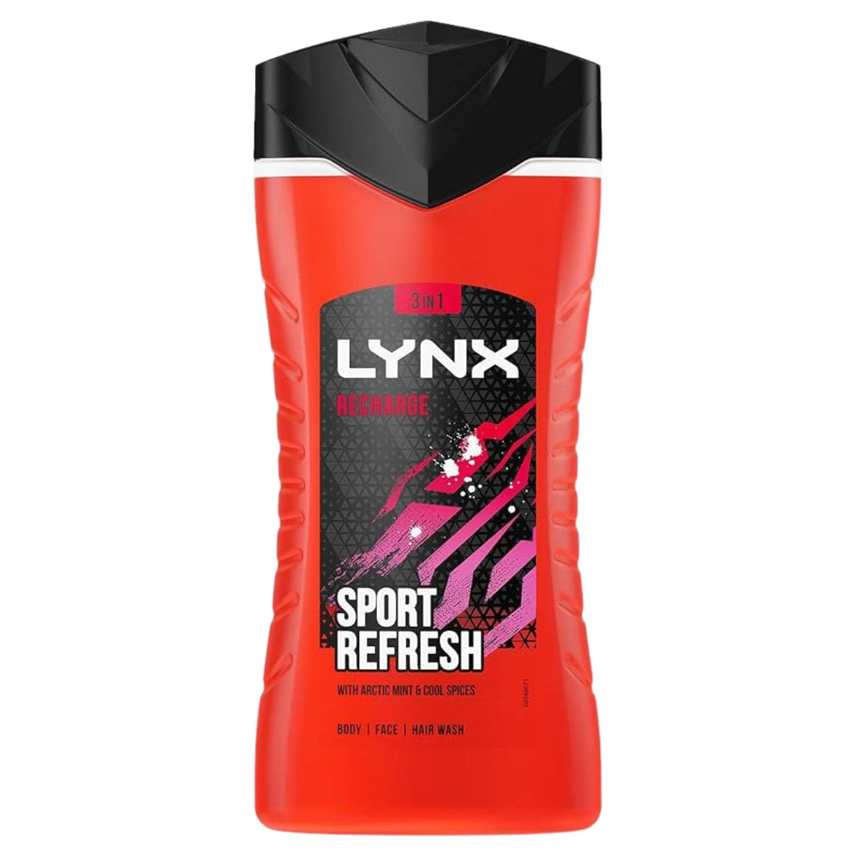 A bottle of Lynx Recharge Sport Refresh body, face, and hair wash. The product features a vibrant red-orange translucent plastic bottle with a black cap and a black label featuring pink and white graphic accents.