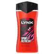 A bottle of Lynx Recharge Sport Refresh body, face, and hair wash. The product features a vibrant red-orange translucent plastic bottle with a black cap and a black label featuring pink and white graphic accents.