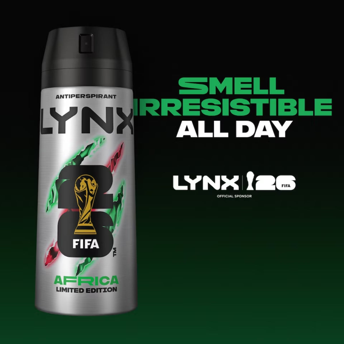 Lynx - Antiperspirant Deodorant for Men Africa (150ml) can featuring a FIFA World Cup trophy design, displayed alongside the phrases “Smell Irresistible All Day” and “Official Sponsor” logos.
