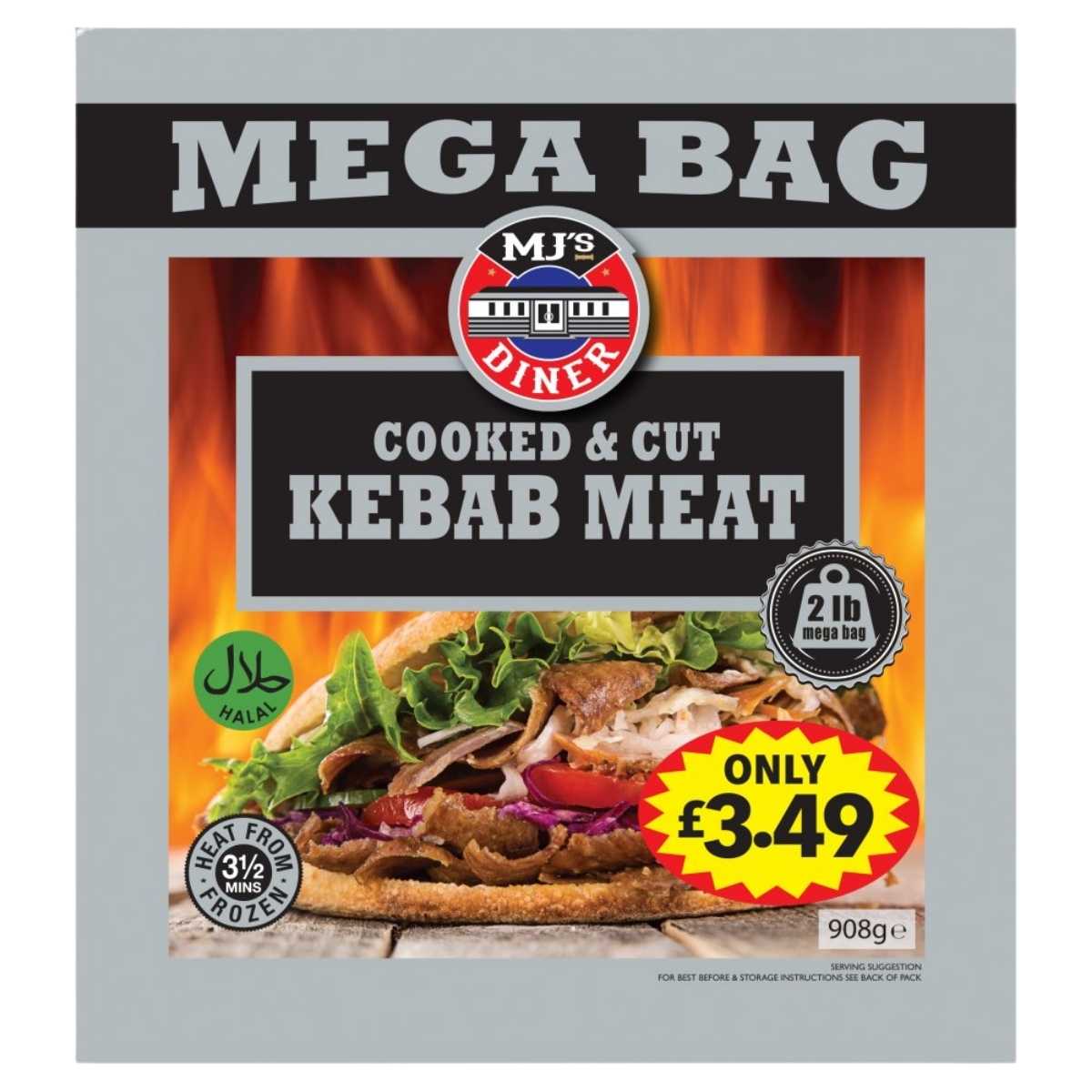 Packaging of MJ's Diner cooked and cut kebab meat with a price tag.