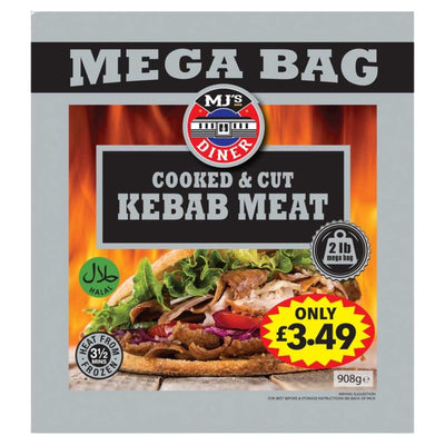 Packaging of MJ's Diner cooked and cut kebab meat with a price tag.