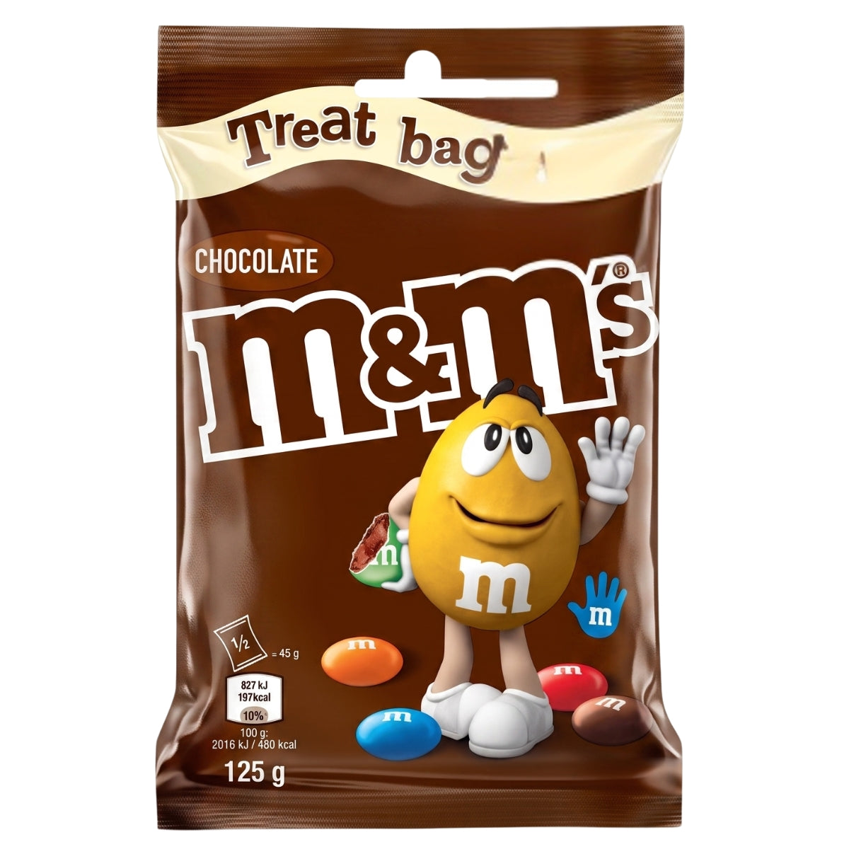 An 82g M&M’S Chocolate Treat Bag featuring colorful candies and the iconic yellow M&M mascot.