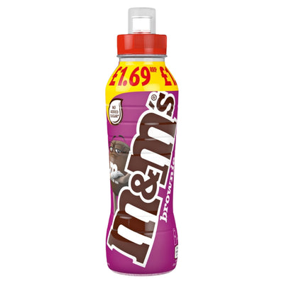 A 350ml plastic bottle of M&Ms - Chocolate Brownie Milkshake Drink with a red sports cap and a yellow £1.69 price label.