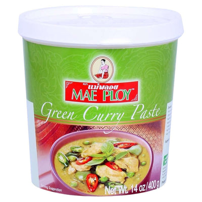 Mae Ploy - Thai Green Curry Paste (400g) in a plastic tub with a green curry image on the label—ideal for making authentic Thai dishes at home.