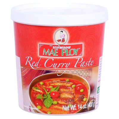 Mae Ploy - Thai Red Curry Paste (400g) comes in a red-labeled container with curry imagery and the Mae Ploy logo, perfect for making authentic Thai curry at home.