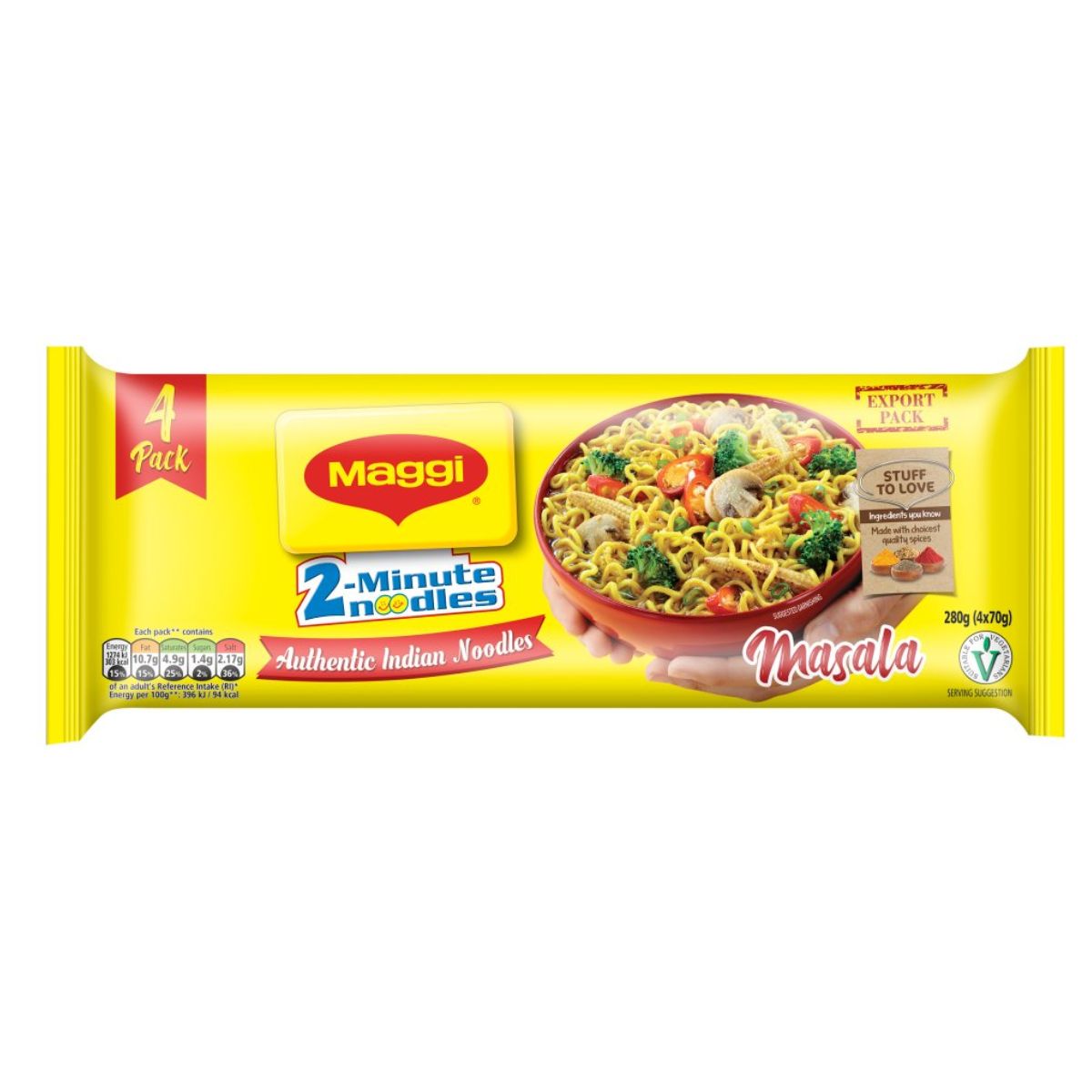 Package of Maggi - 2 Minute Authentic Indian Masala Spicy Noodles Multipack - 280g, showing a bowl of noodles with vegetables on the front. Text indicates it contains 4 packs and is labeled "Authentic Indian Noodles.