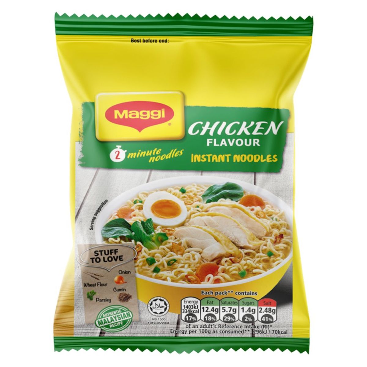 A packet of Maggi - 2 Minute Authentic Malaysian Chicken Flavour Noodles - 75g, showcasing a bowl of noodles with chicken slices, halved boiled egg, and greens on the front. The text highlights ingredients and nutritional information, perfect for those seeking quick and convenient meals with an authentic taste of Malaysia.