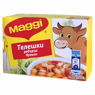 A box of Maggi Bouillon Beef Stock Cubes (8 x 10g) showing a cow, soup bowl, and nutritional info on the front in Russian.