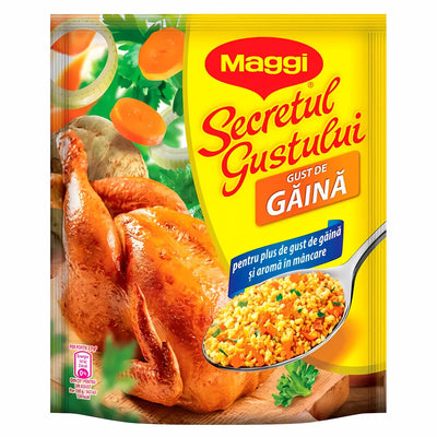 Maggi - Chicken Flavour Seasoning - 200g features an image of roasted chicken, vegetables, and seasoning granules. Labeled "Secretul Gustului Gust de Găină," it's perfect for adding delicious chicken flavor to your dishes.