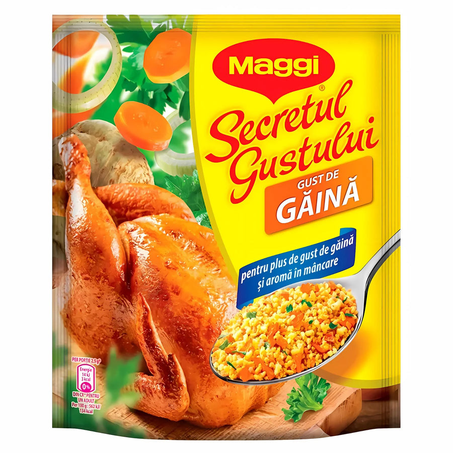 Maggi - Chicken Flavour Seasoning - 200g features an image of roasted chicken, vegetables, and seasoning granules. Labeled "Secretul Gustului Gust de Găină," it's perfect for adding delicious chicken flavor to your dishes.