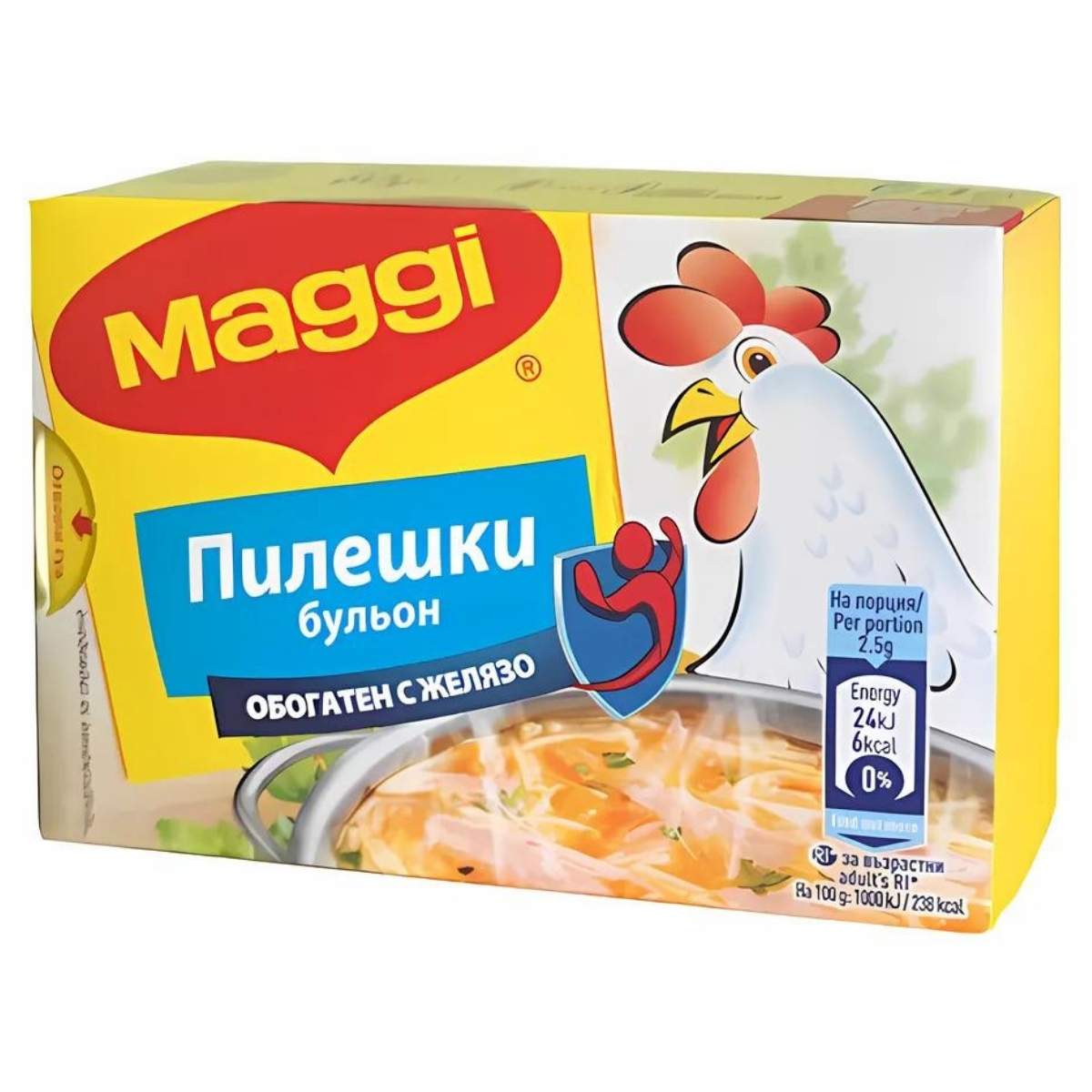 A box of Maggi Chicken Stock Cubes (8 x 10g) featuring a top view image of soup and a cartoon chicken on the front. The product and its nutritional information are described in Cyrillic characters.