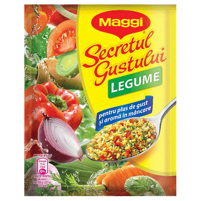 A 200g packet of Maggi Secret Vegetable Taste Seasoning, showing colorful vegetables, a spoonful of savory mix, and product details on the front.