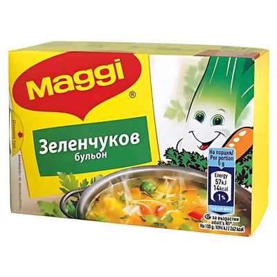 Maggi - Vegetable Bouillon Stock Cubes (8 x 10g): Featuring a smiling leek, soup images, and Cyrillic text—these dehydrated cubes are perfect for adding rich vegetable flavor to your dishes. Nutritional info included on packaging.