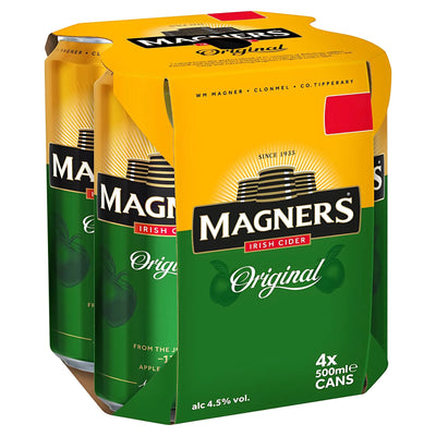 Magners Original Irish Cider Can (4.5% ABV) - 4 x 500ml offers a refreshing apple cider in green and yellow packaging, with each can containing 500ml and a 4.5% alcohol content.