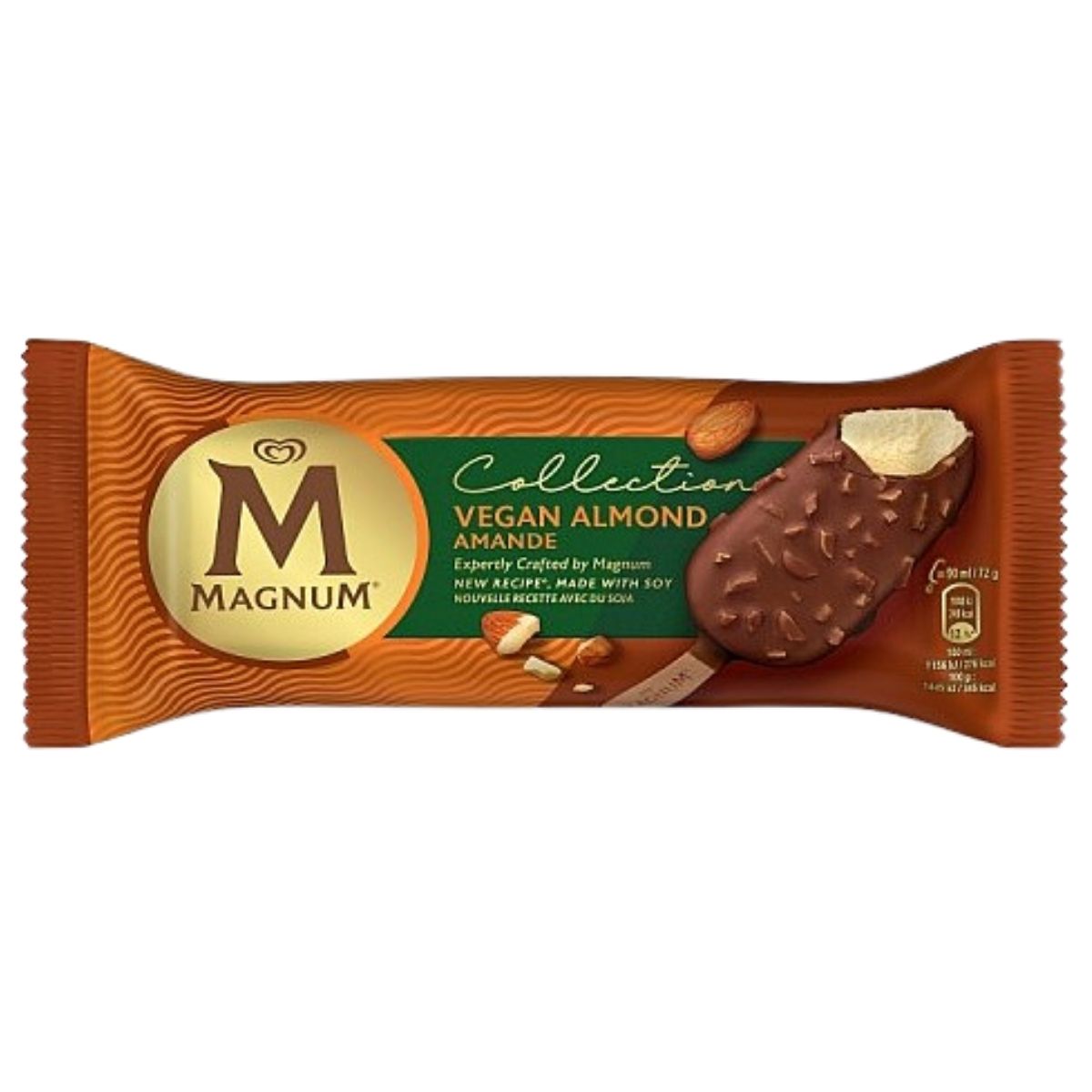 A Magnum Vegan Almond Ice Cream 90ml bar in brown and orange packaging, featuring vanilla ice cream coated in chocolate and almonds with a bite taken out.