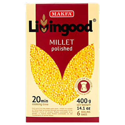 Makfa – Livingood Polished Millet, 400g: yellow millet image on pack, cooks in 20 minutes, includes 6 boiling bags, and is a source of protein.