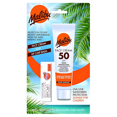 Malibu - SPF50 Face Cream + SPF30 Lip Balm provides water-resistant sun protection. Both items come in white and orange packaging and are shown against a tropical palm leaf background.