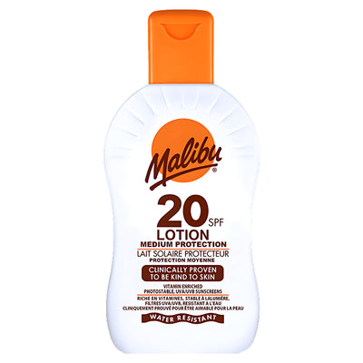 Malibu Sun Lotion SPF20 (200ml) offers water resistance, is skin-friendly and clinically tested, and provides reliable UVA/UVB protection.