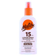 Malibu Sun Lotion Spray SPF15 (200ml) is a white bottle with an orange cap and label, providing medium UVA/UVB protection and water resistance.