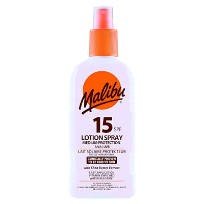 Malibu Sun Lotion Spray SPF15 (200ml) is a white bottle with an orange cap and label, providing medium UVA/UVB protection and water resistance.