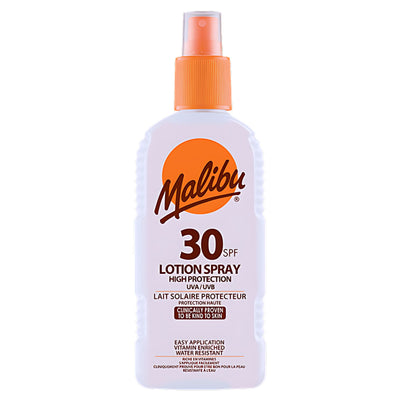 Malibu - Sun Lotion Spray SPF30 (200ml) offers high UVA/UVB protection in a white bottle with an orange spray cap and orange front-label text.
