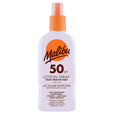 Malibu Sun Lotion Spray SPF50 (200ml) offers strong UVA/UVB defence and high UV protection. Features an orange cap and label.
