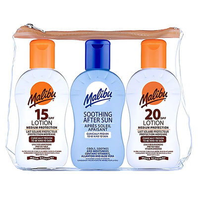 The Malibu Travel Pack includes three 100ml essentials: SPF20 lotion, soothing after sun lotion, and SPF15 lotion—ideal for travel.