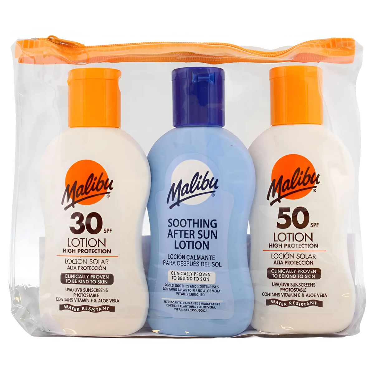 The Malibu Travel Pack includes three 100ml bottles: SPF50 Lotion, SPF30 Lotion (both water-resistant), and Soothing After Sun Lotion, all in a transparent zip bag for sun protection and after sun care on the go.