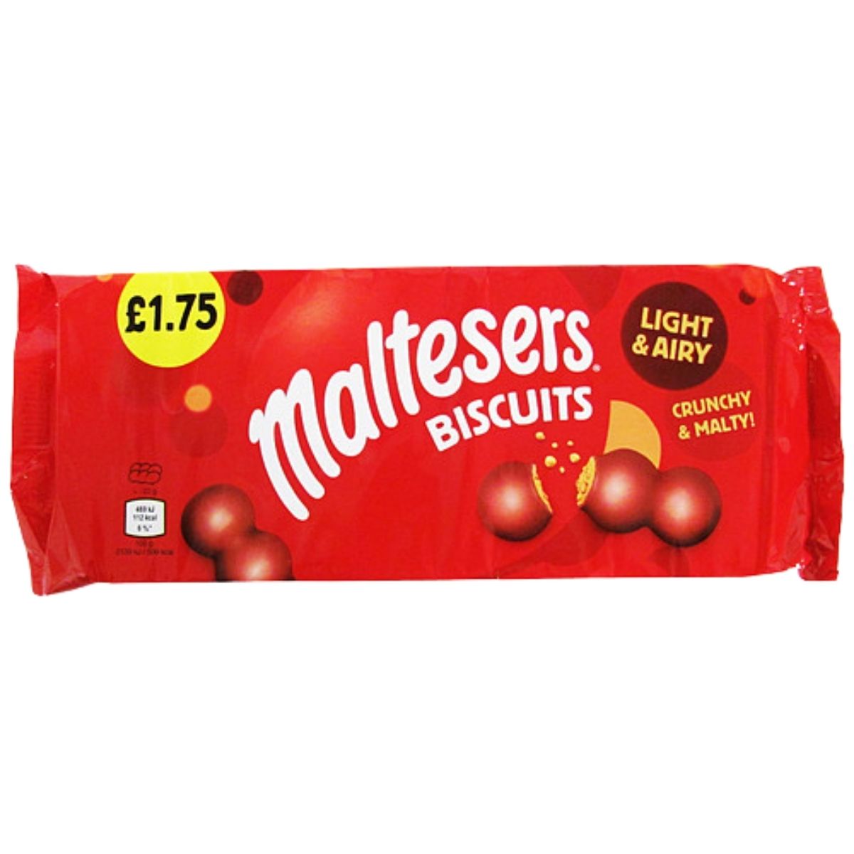 A red pack of Maltesers - Chocolate Biscuits - 110g by Maltesers, priced at £1.75, features "Light & Airy" and "Crunchy & Malty" text along with biscuit images on the front.