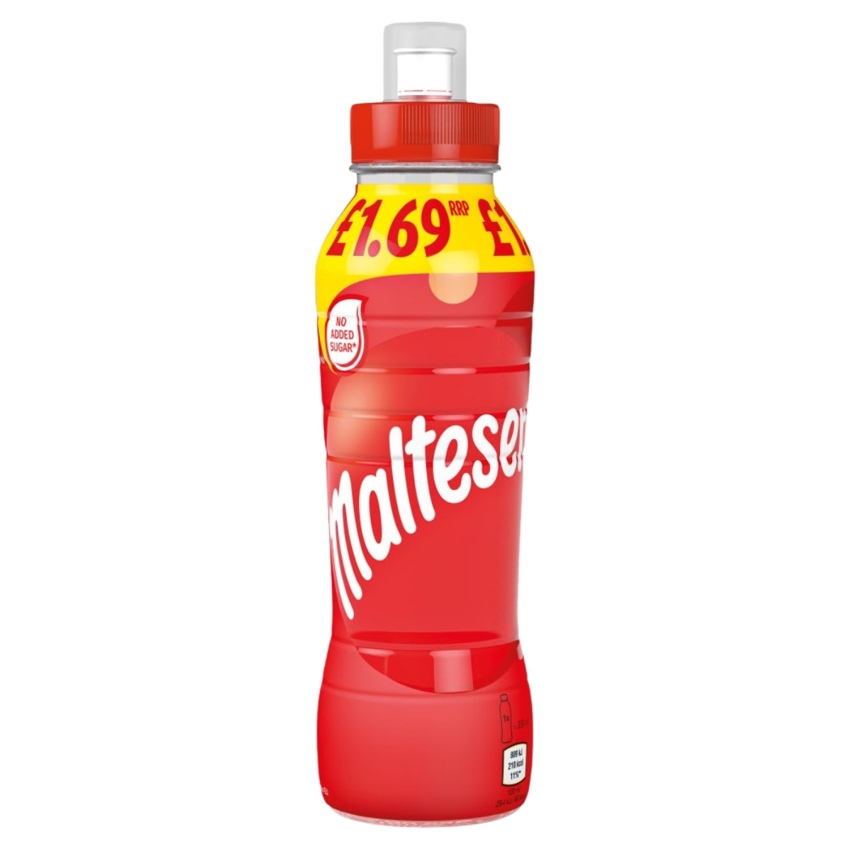 A 350ml Maltesers Chocolate Milk Shake Drink in a red bottle, featuring a yellow label with a £1.69 price and "no added sugar" text near the top.