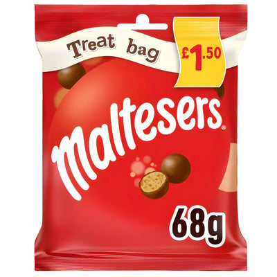 A 68g Maltesers - Chocolate Treat Bag with a £1.50 price label on the top right, in red packaging showing milk chocolate-covered malt balls with a light honeycomb centre.
