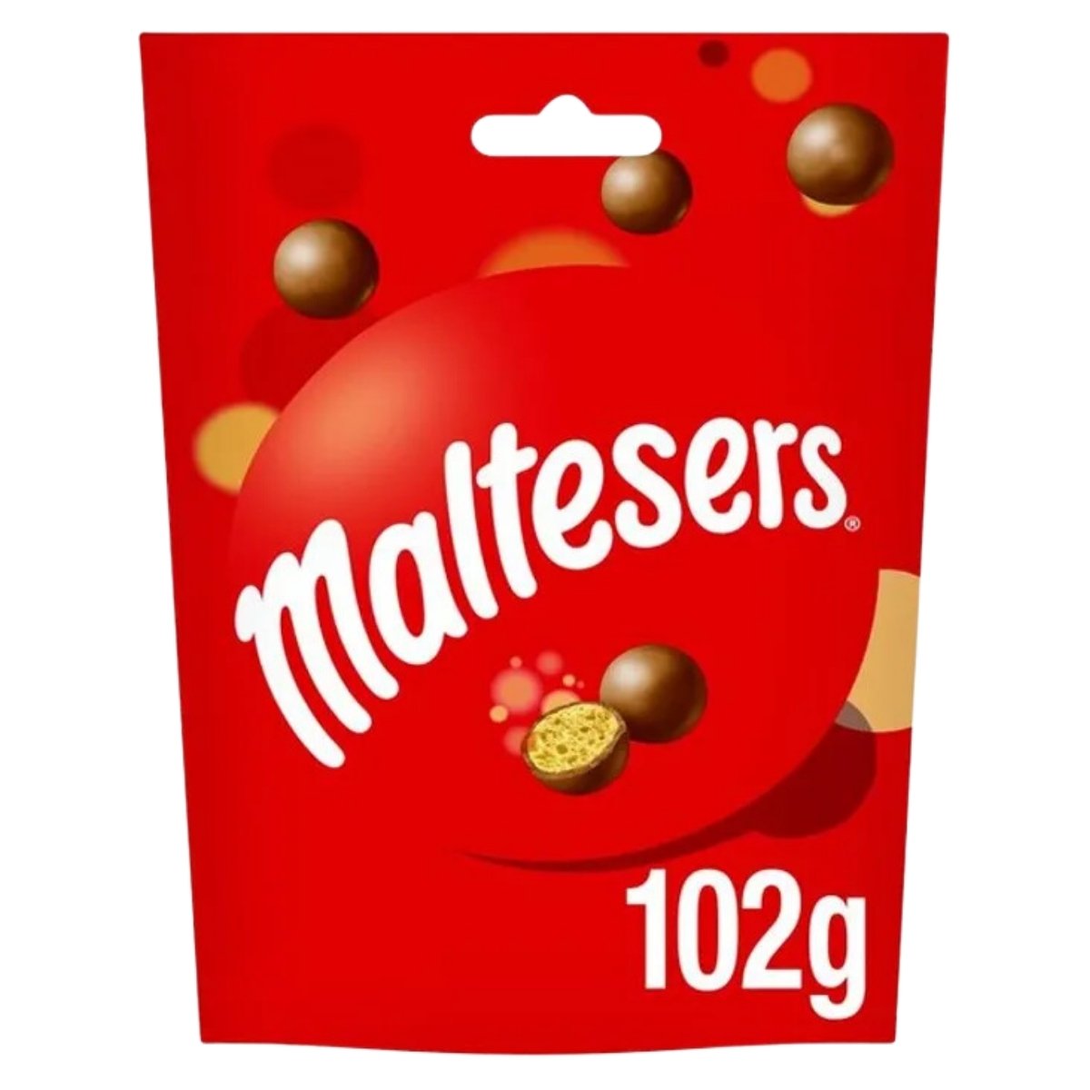 The 102g red bag of Maltesers Milk Chocolate Bites contains delightful chocolate spheres with a crispy malt center, featuring the iconic branding, ideal for any sweet tooth.