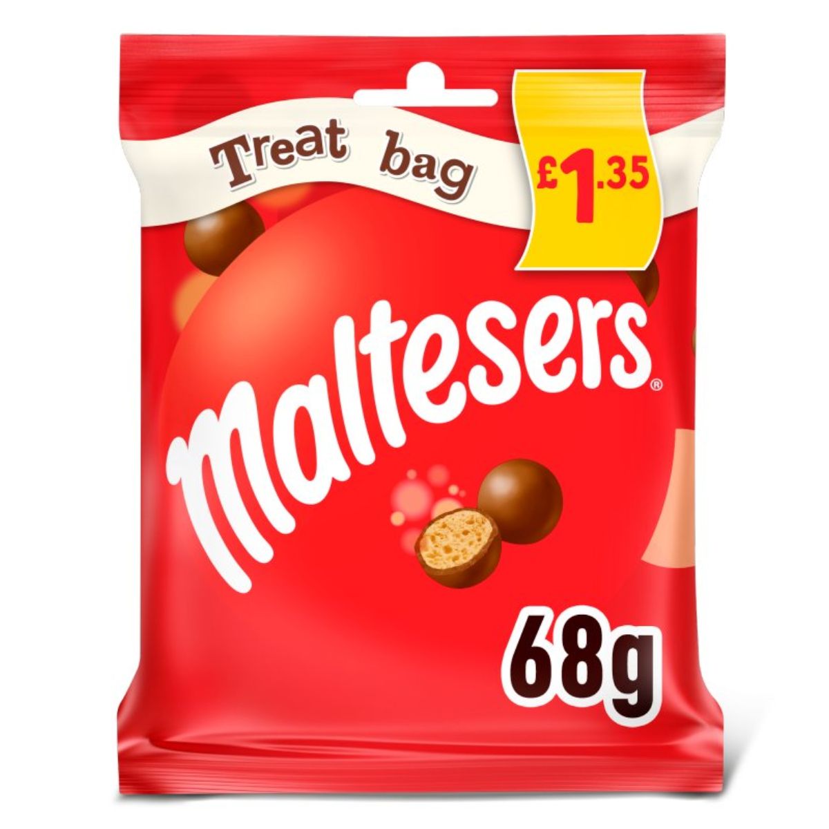 A red Maltesers - Milk Chocolate & Honeycomb Bites Treat Bag, priced at £1.35 and weighing 68 grams, with an image of chocolate-covered malt balls spilling out.