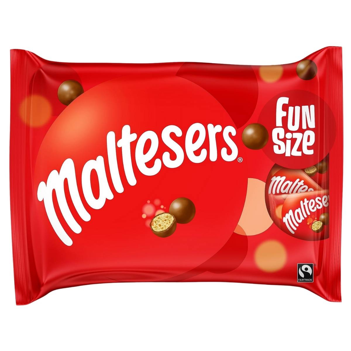 A large 214.5g bag of Maltesers Fun Size is shown, featuring tasty chocolate balls with a crunchy center. A Fairtrade symbol in the bottom right corner ensures each bag supports ethical sourcing.