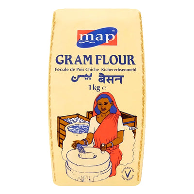 A 1kg pack of Map Gram Flour with a woman grinding grains illustration and multilingual product details.