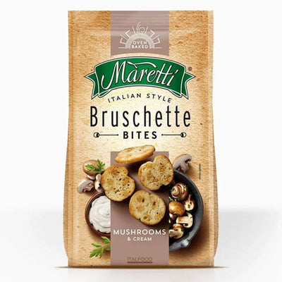 A 70g bag of Maretti Bruschette Mushrooms and Cream, an Italian-inspired snack with toasted bread slices and rich mushroom & cream flavor, displayed on vibrant Maretti packaging.
