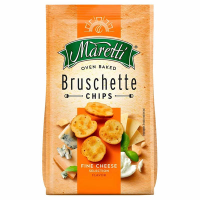 A 70g bag of Maretti Bruschette Oven Baked Fine Cheese Chips, with packaging displaying Italian baked bread, cheese, and herbs.
