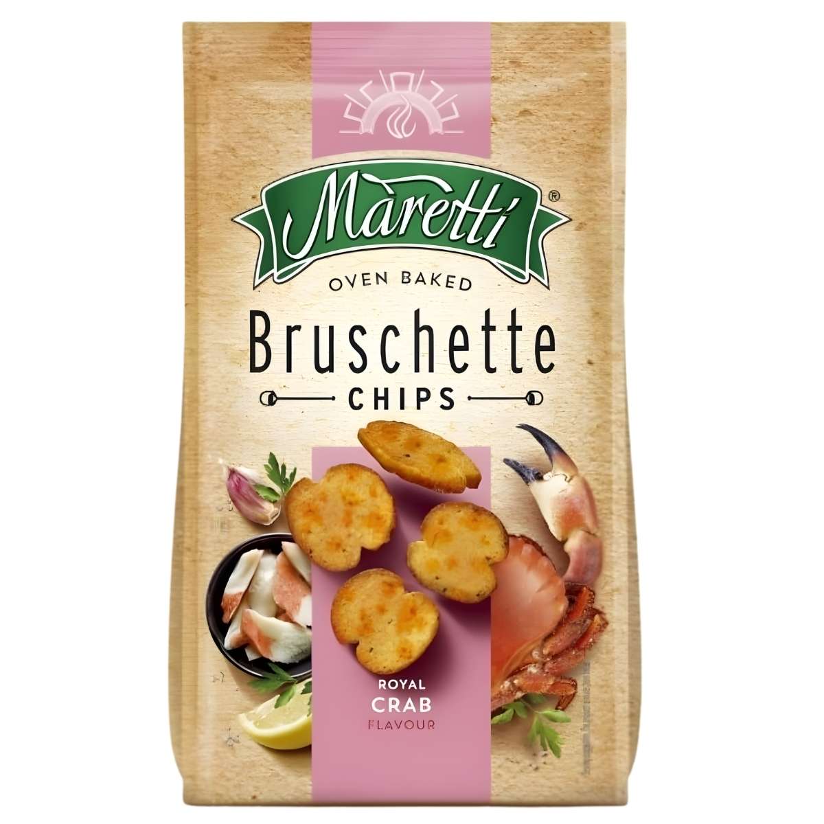 Bag of Maretti Bruschette Chips with a visible brand logo and product description.