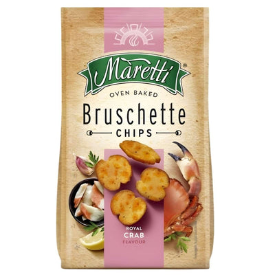 Bag of Maretti Bruschette Chips with a visible brand logo and product description.