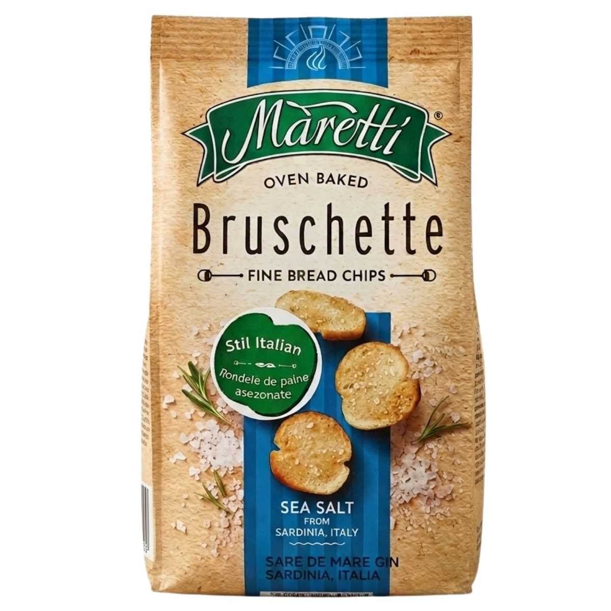 Packaging of Maretti Bruschette fine bread chips with sea salt flavor on a white background
