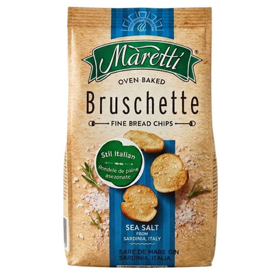 Packaging of Maretti Bruschette fine bread chips with sea salt flavor on a white background