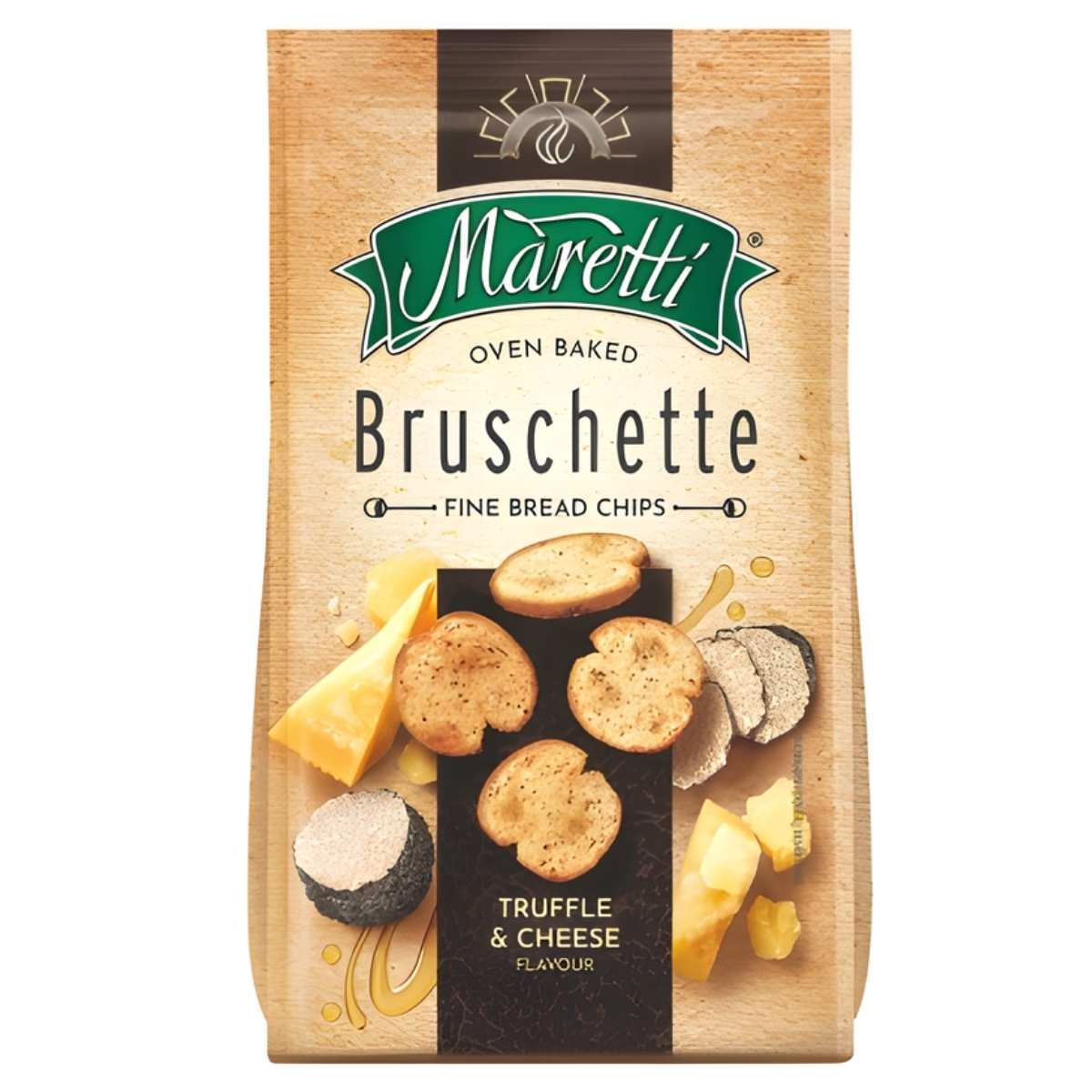 Maretti Bruschette packaging with truffle and cheese flavor on a white background.