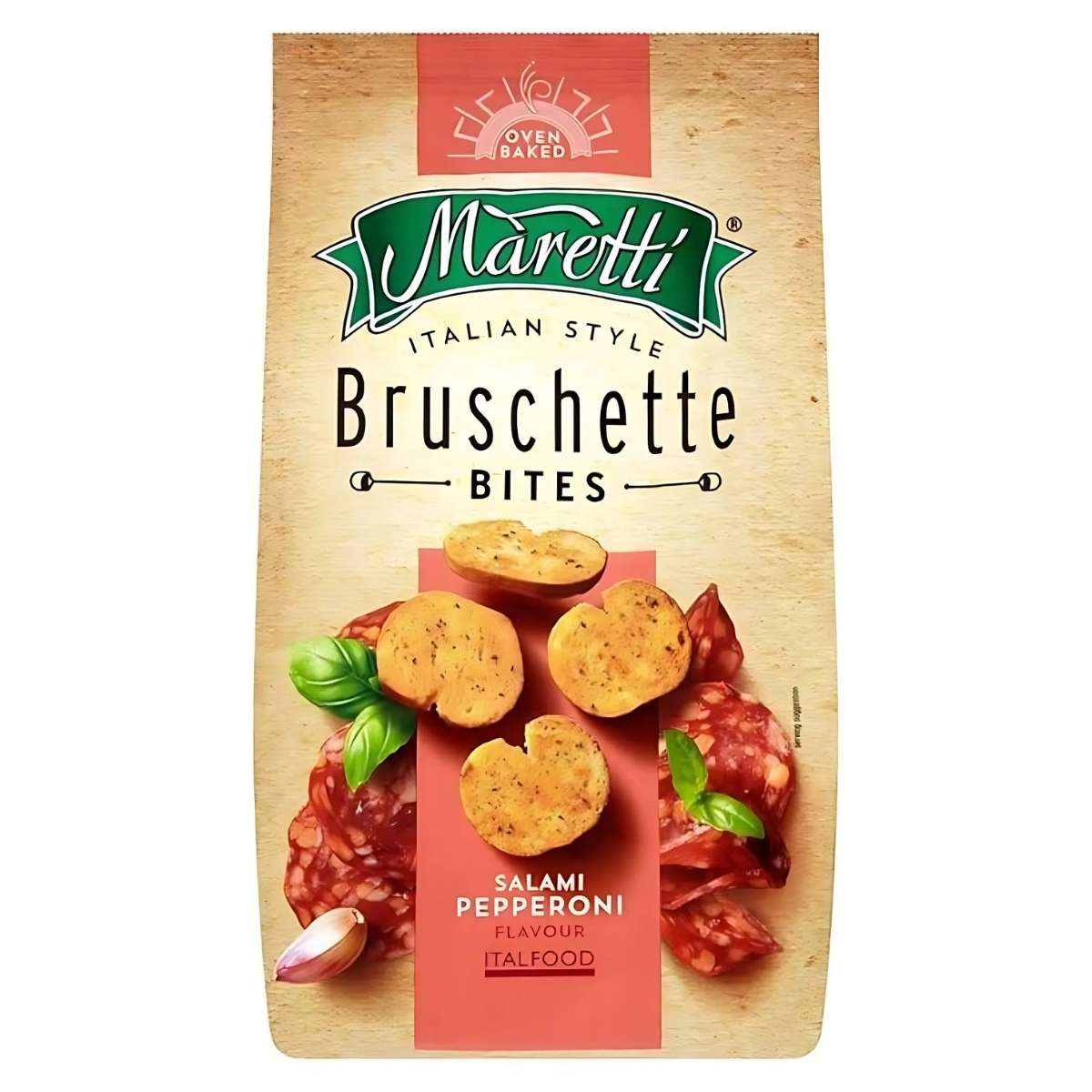 Experience the ultimate snack with Maretti - Oven Baked Bruschette Chips Salami Pepperoni. This 70g bag delivers irresistible oven-baked goodness with savory salami flavor and enticing bread slice images.