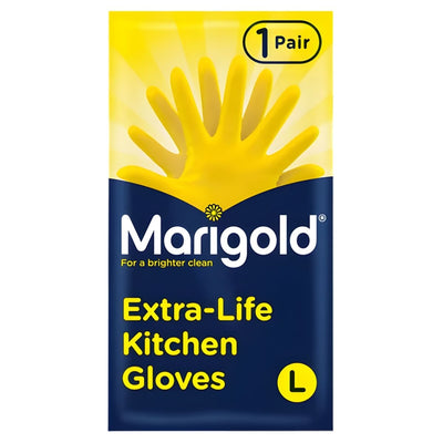 A pack of mari gold Large Size Extra Life Kitchen Gloves (1 Pair), featuring durable yellow, triple-layered gloves for a brighter clean.