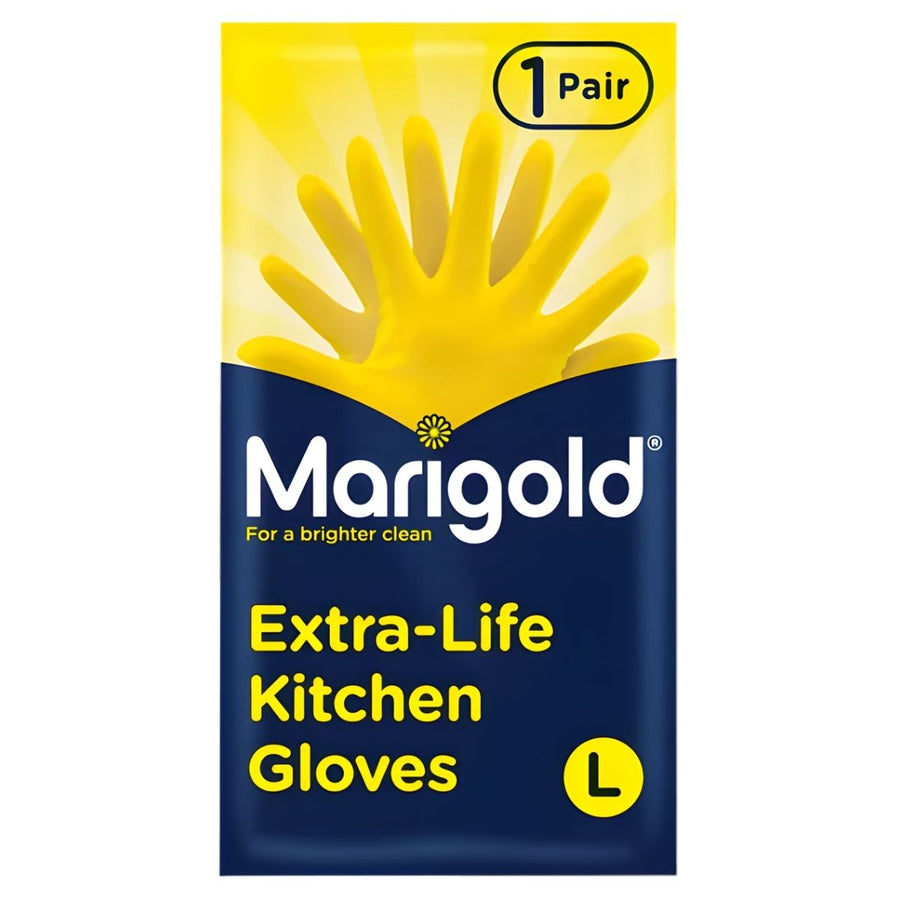 A pack of mari gold Large Size Extra Life Kitchen Gloves (1 Pair), featuring durable yellow, triple-layered gloves for a brighter clean.