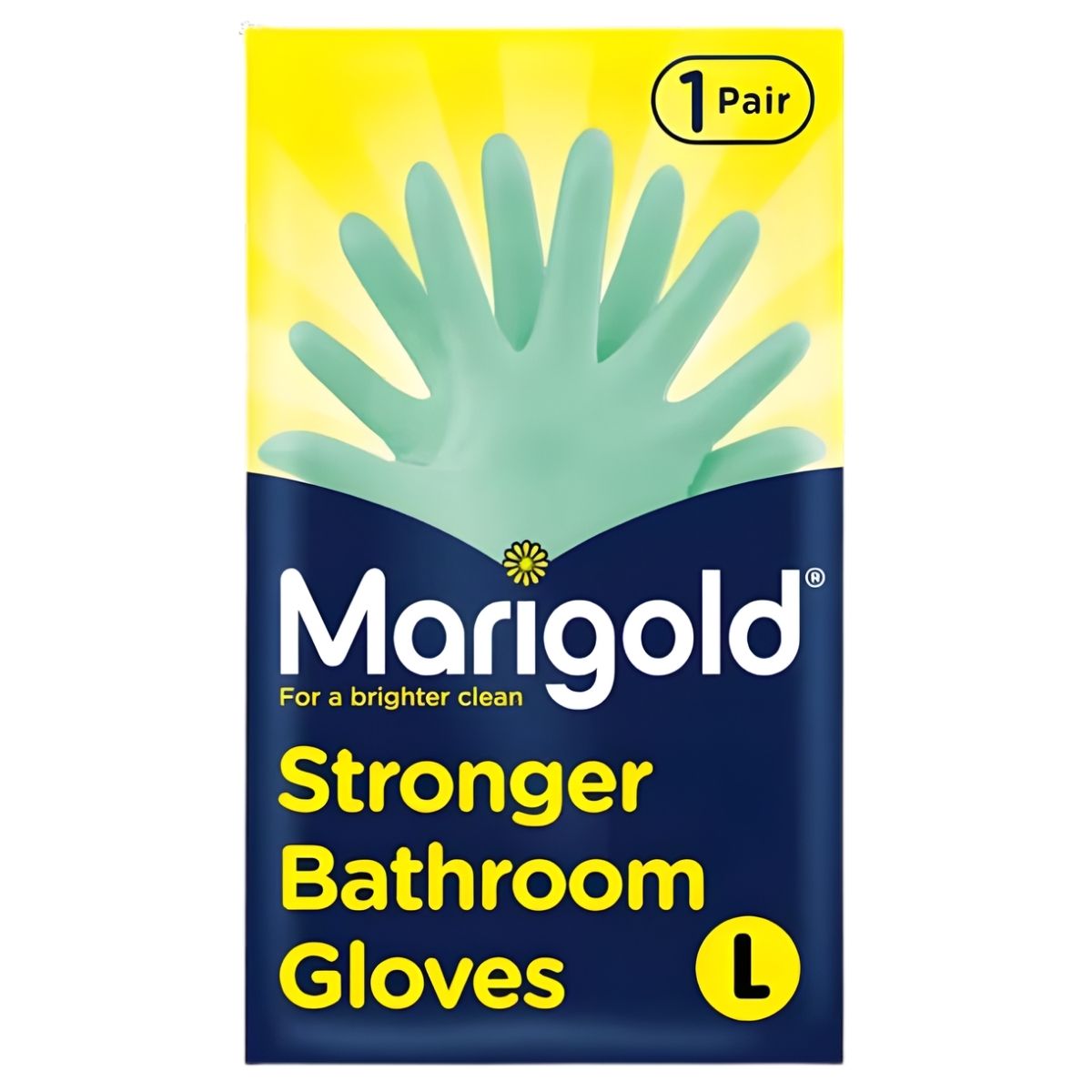 A pack of mari gold Large Size Stronger Bathroom Gloves, 1 Pair, features extra thick, tear-resistant green gloves with "For a brighter clean" on the pack.