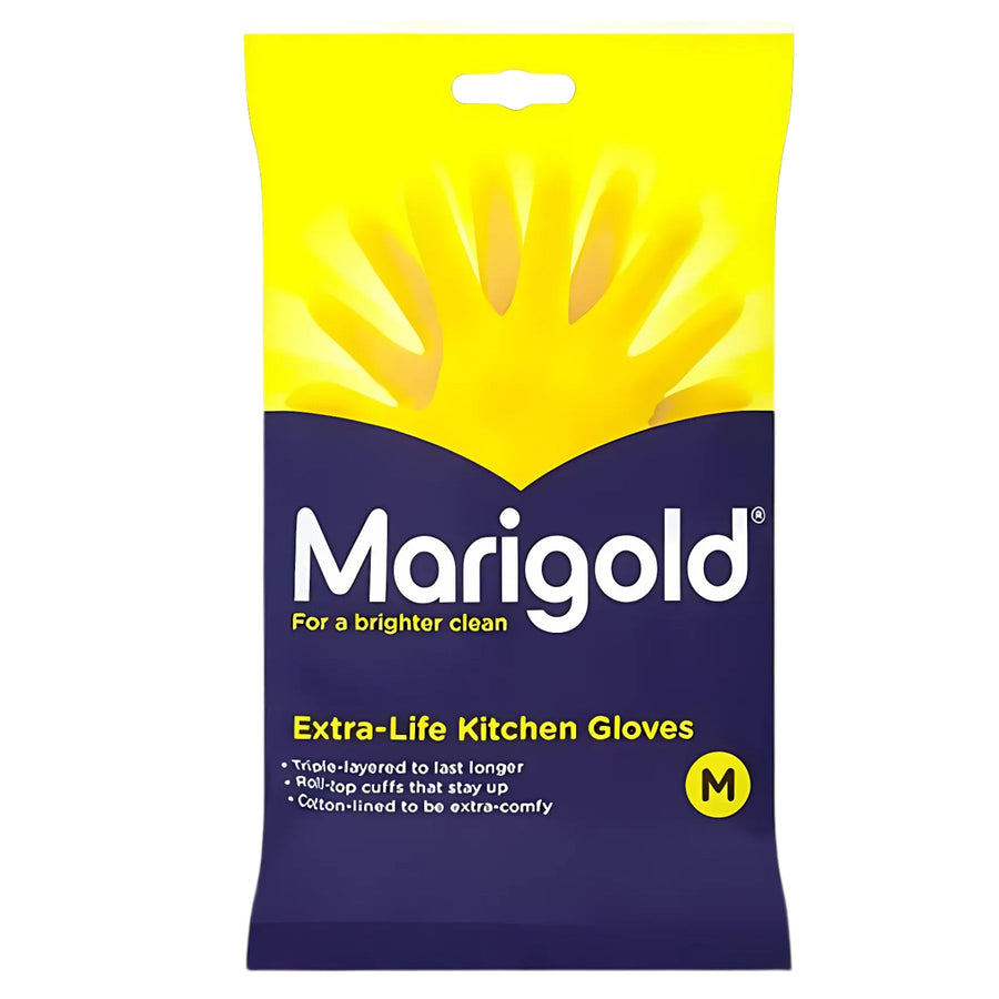 Mari gold Medium Size Extra Life Kitchen Gloves, 1pc, provide reliable hand protection with yellow gloves featured and product details displayed on the packaging.