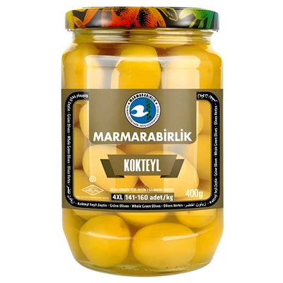 A 400g jar of Marmarabirlik Cocktail Green Olives featuring whole, flavorful olives.