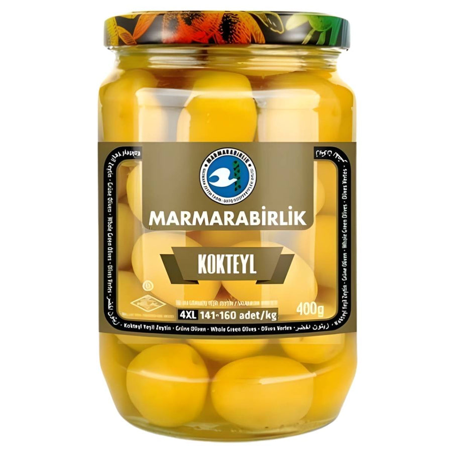 A 400g jar of Marmarabirlik Cocktail Green Olives featuring whole, flavorful olives.
